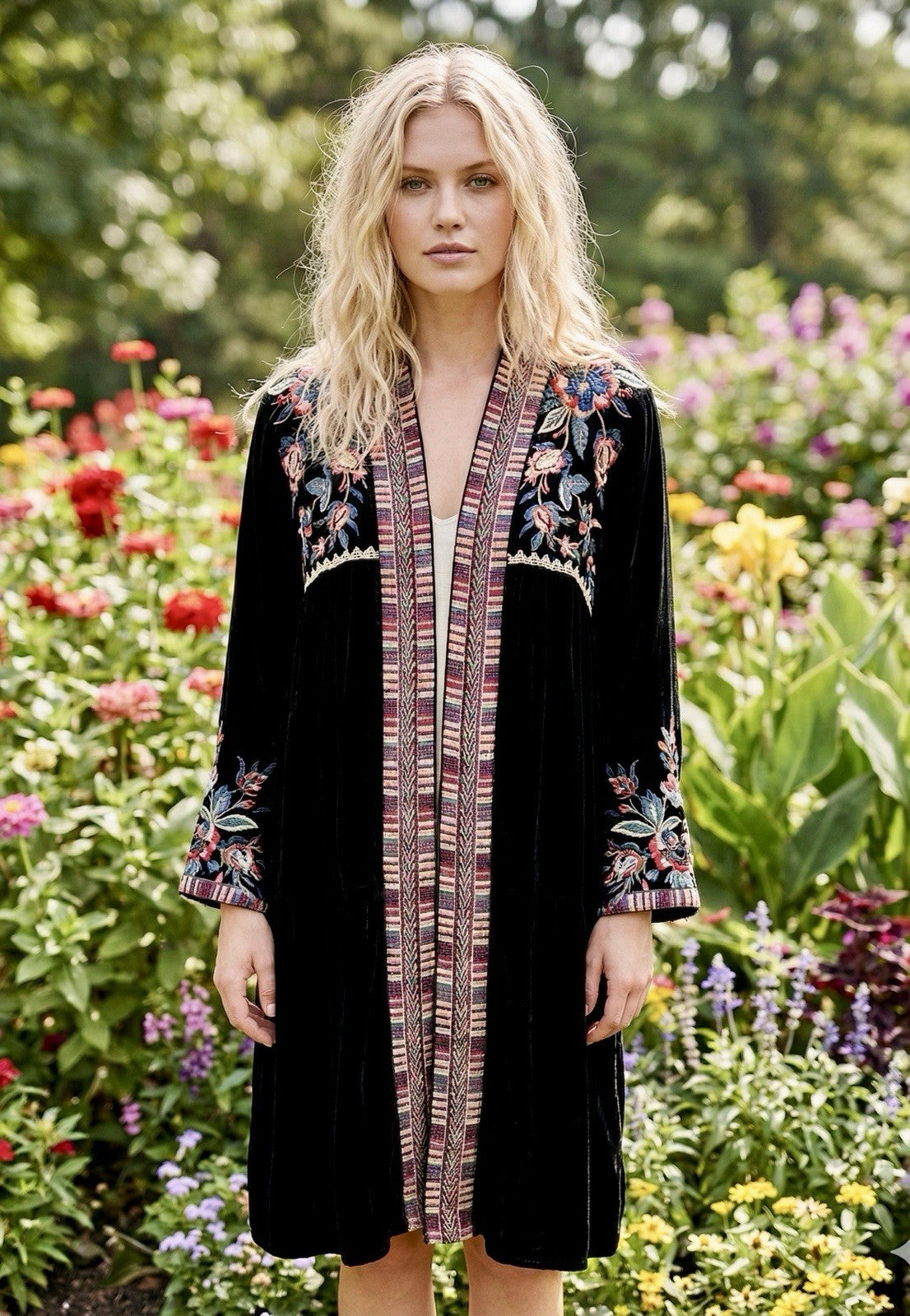 Johnny Was Velvet Kimono Wrap Jacket M Medium Black Embroidery Duster Oversized Johnny Was