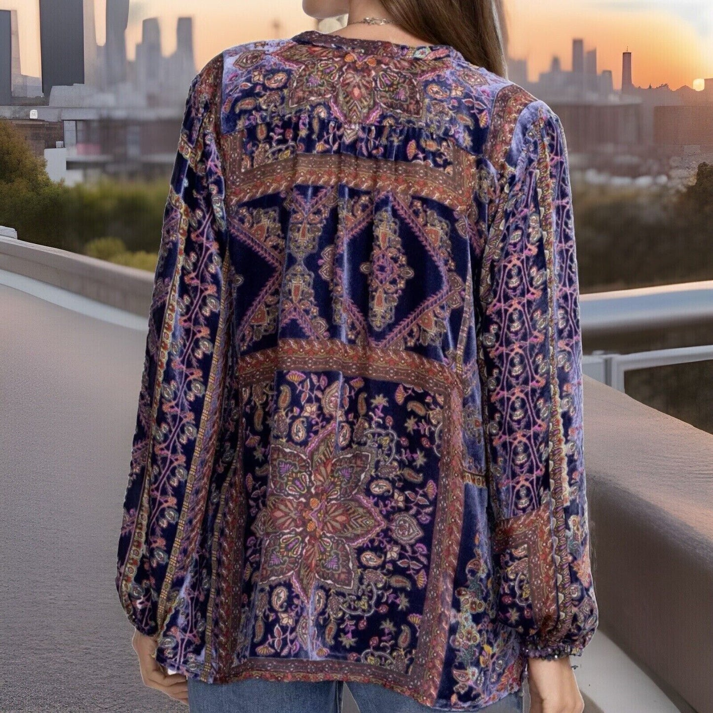 Johnny Was 3X Burnout Velvet & Silk Blouse Long Sleeve Top Purple & Blue