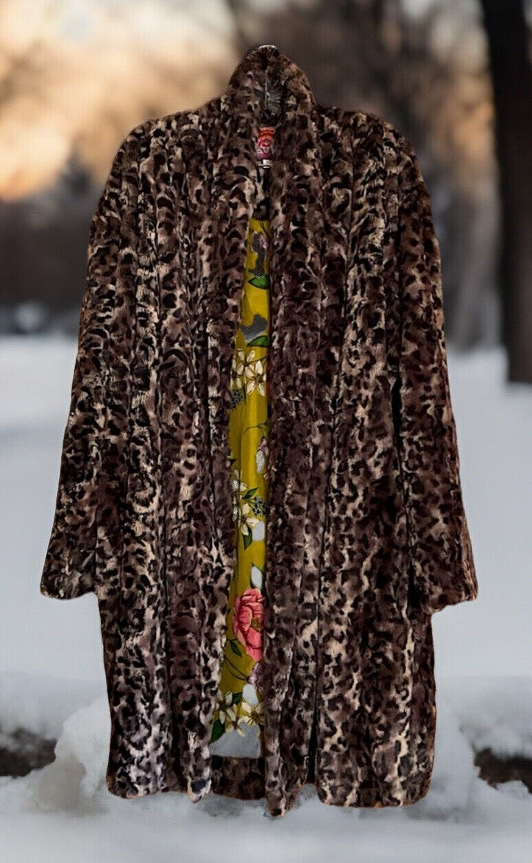 Johnny Was XL 1X Faux Fur & Silk Lined Leopard Animal Print Coat Jacket Wrap Johnny Was