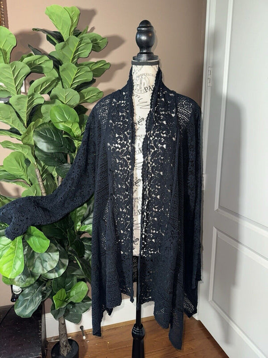 Johnny Was Sz 3X 3XL Black Crochet Long Sleeve Kimono Top Wrap Cardigan Jacket