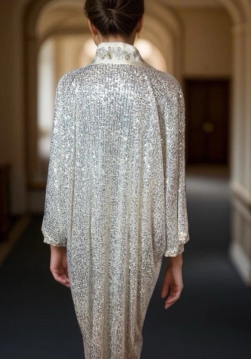 Johnny Was M Silk & Sequins Ivory KIMONO Long Duster Wrap PTP-28” OVERSIZED Johnny Was