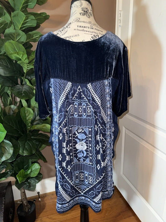 Johnny Was XL 1X Blue Velvet Tunic Top Shirt Mini Dress Embroidered Blouse