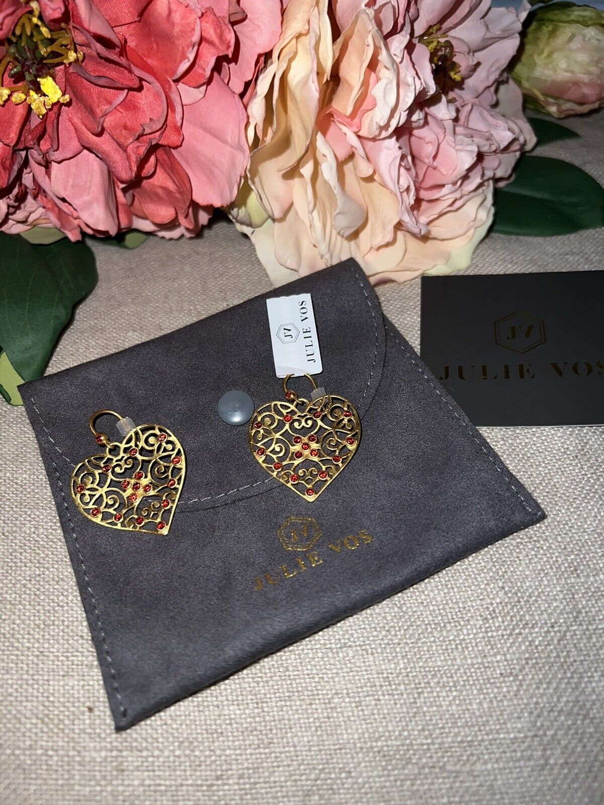 Julie Vos Ruby Red CZ Embellished Heart Earrings 24k Gold Plate   SPARKLY