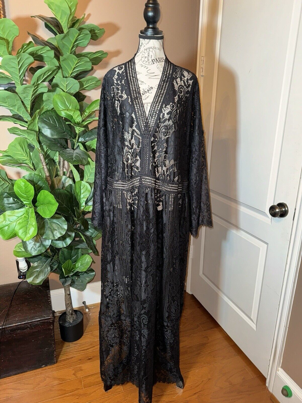 Johnny Was 2X 2XL Black Lace Long Maxi Dress Kimono Sleeves Empire Waist