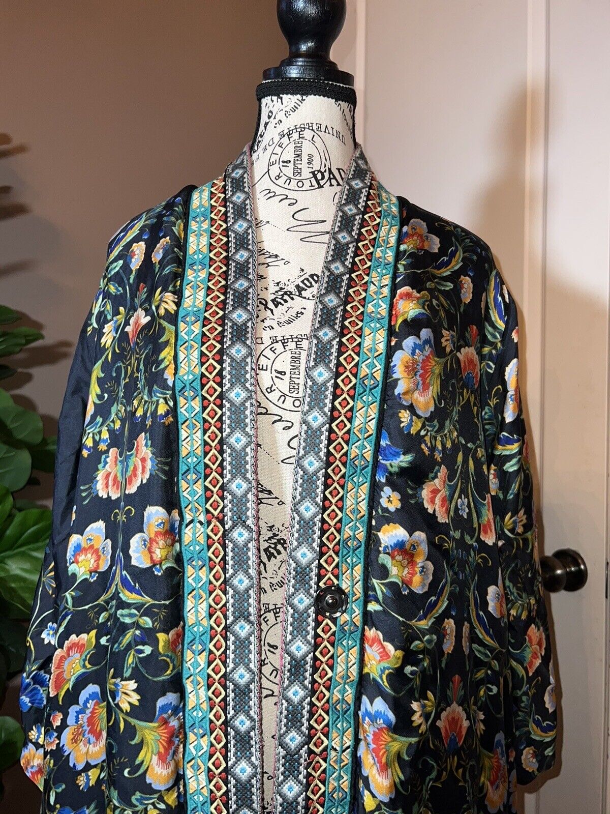 Johnny Was Velvet & Silk Kimono Wrap Sz L Large Jewel Tone Floral REVERSIBLE