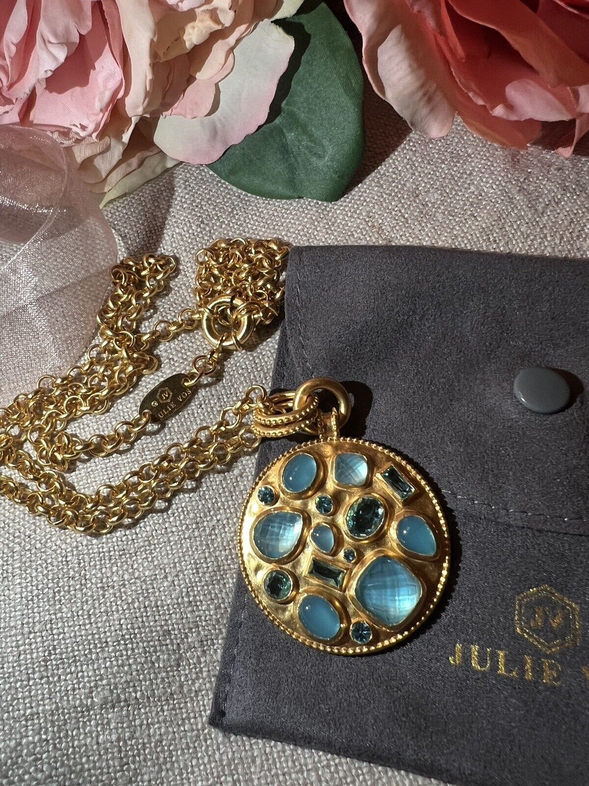 NEW Julie Vos Iridescent Bahamian Blue Pendant 36” Long Necklace 24k Gold Plated