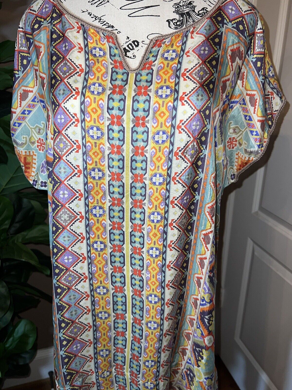 Johnny Was 100% Silk Sz L Large Tunic Top Mini Dress Cap Sleeves