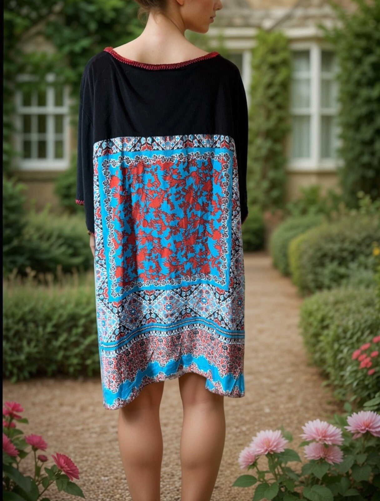 Johnny Was 3x Black Tee Shirt Blue & Red Silk Panel Back Tunic Top Tshirt BOHO Johnny Was