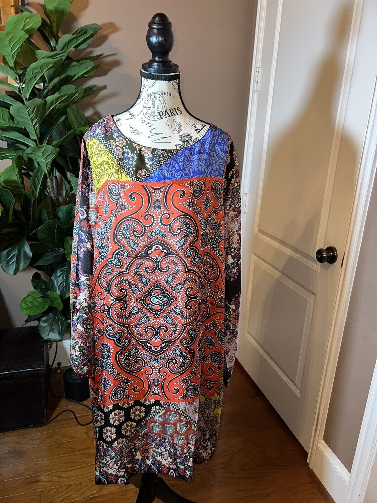 Johnny Was 100% Silk Patchwork Pattern Tunic Top /Mini Dress Sz XXL (2X 2XL)