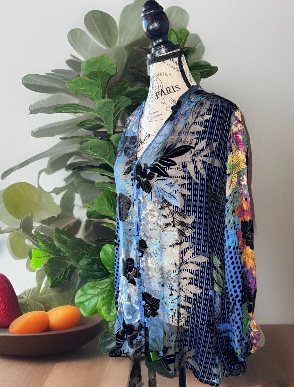 Johnny Was XL Blue Burnout Velvet Button Up Tunic Top Blouse Shirt *No Cami Johnny Was