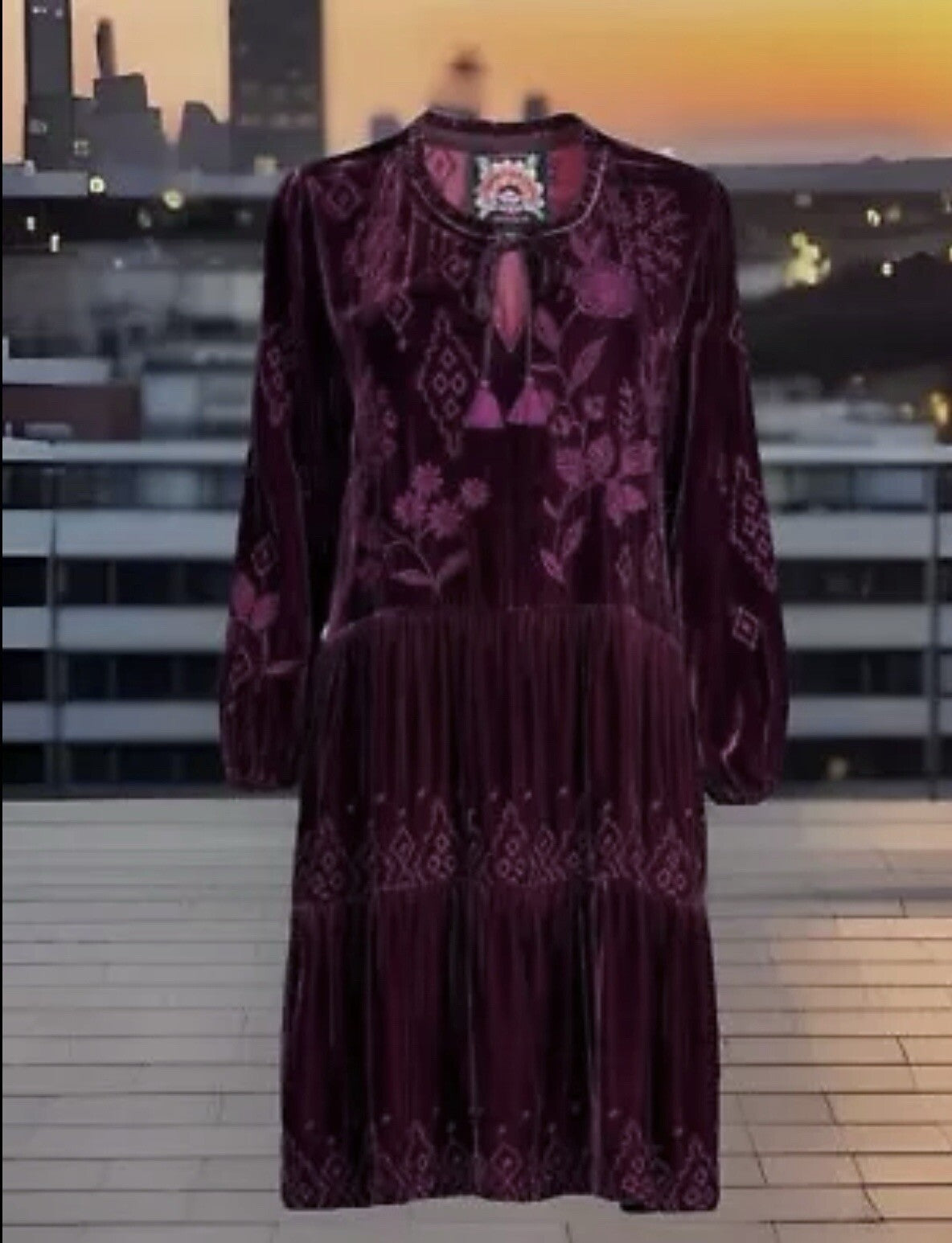 JOHNNY WAS XL VELVET Mini Dress Eggplant Purple Tiered Peasant Top Tassels Johnny Was