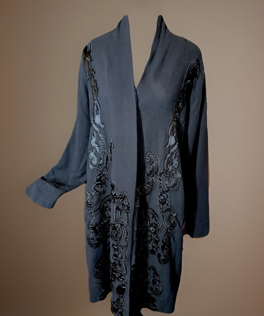 Johnny Was M Black Wool Blend Dressy Coat Silk Lining Jacket Satin Accents Johnny Was