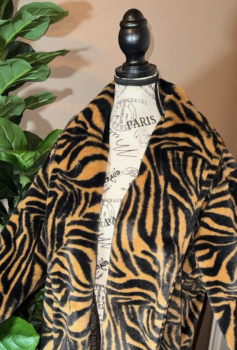 Johnny Was XL Faux Fur & Silk Tiger Stripe Long Length Coat Jacket Wrap Johnny Was