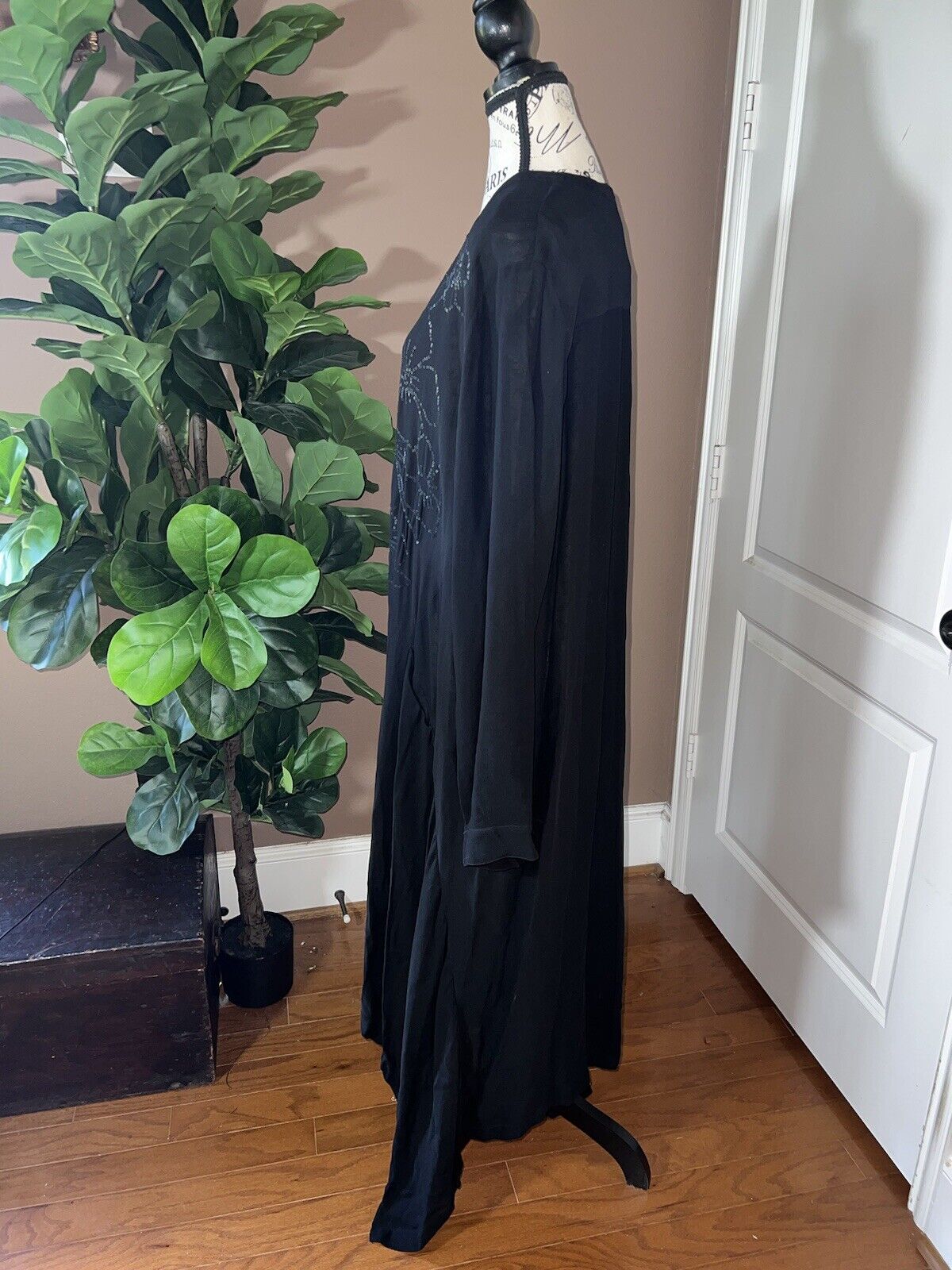 Johnny Was Black XL 1X Maxi Dress Long Flowy Handkerchief Hem Sequins