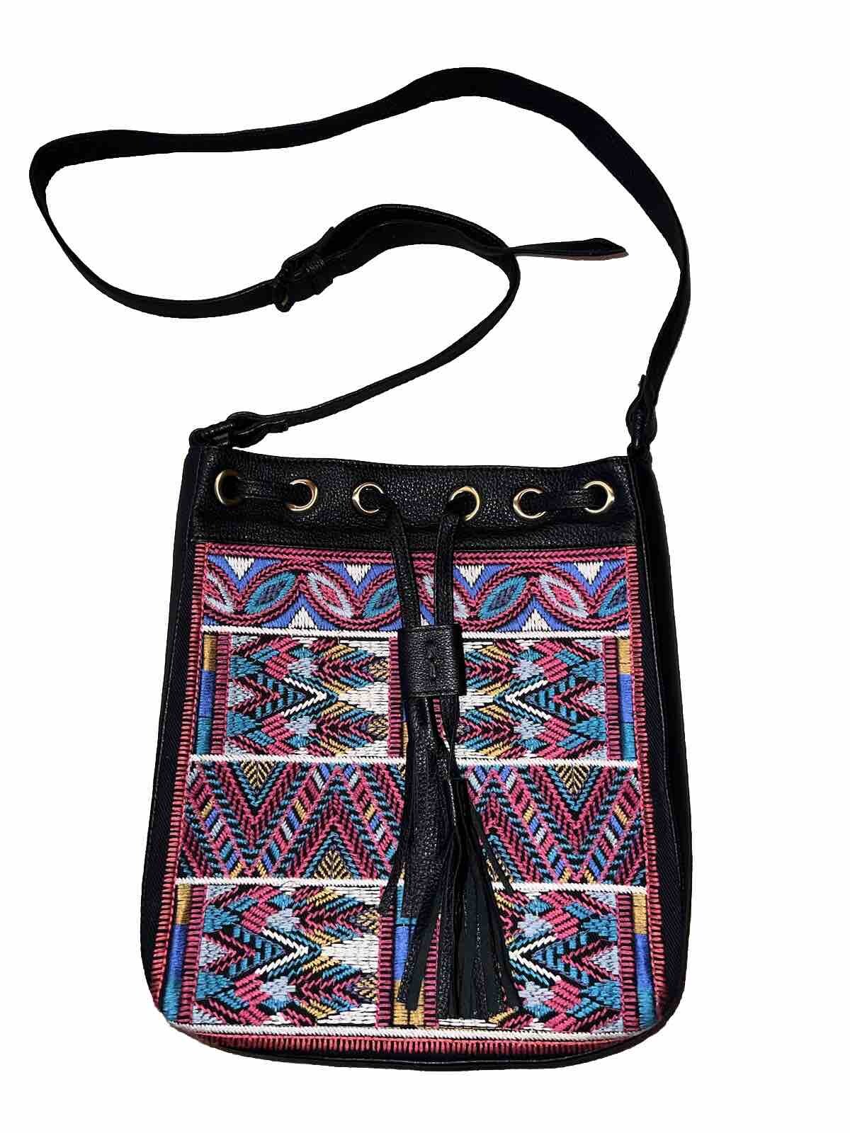 Johnny Was Black Leather Crossbody Purse Tote Bag Beautiful Embroidery Johnny Was