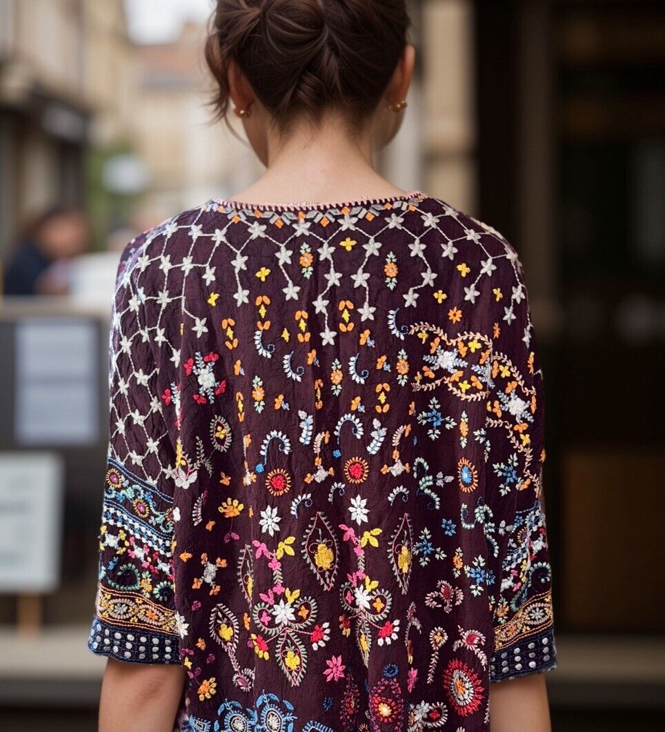 Johnny Was 3x 3XL Tunic Top Maroon Wine Silky Shirt Peasant Blouse Embroidered