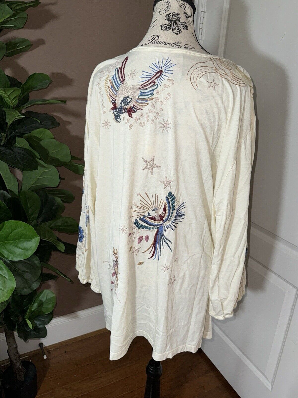 Johnny Was 3x Cream Peasant Tunic Top Cute Embroidery Kimono Sleeves