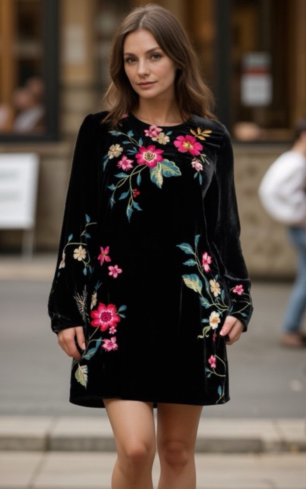 Johnny Was XL Black Velvet Shift Mini Dress Floral Tunic Kimono Sleeves BOHO Johnny Was