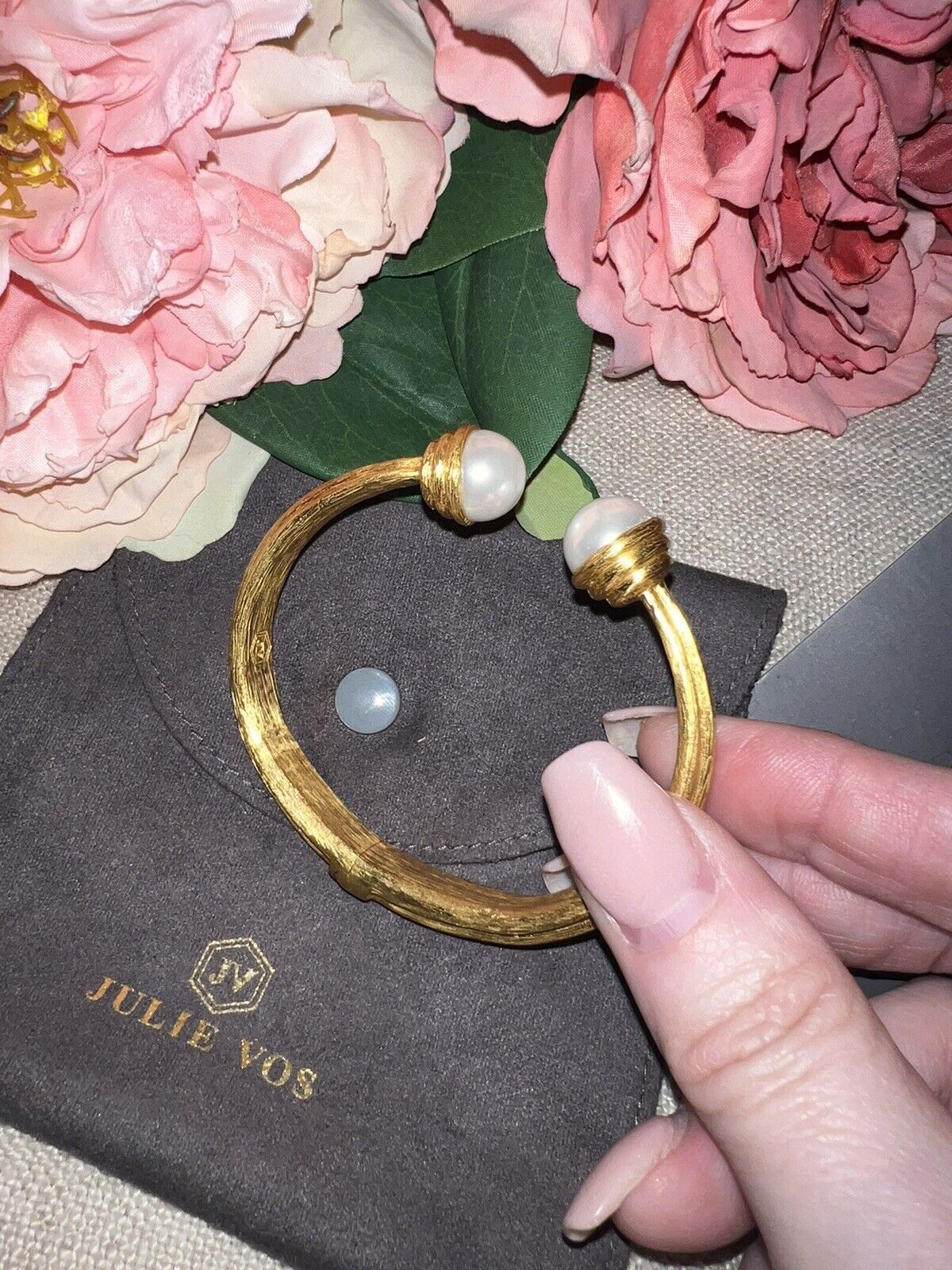 New Julie Vos Double Pearl 24k Gold Plate Hinged Bangle Cuff Bracelet