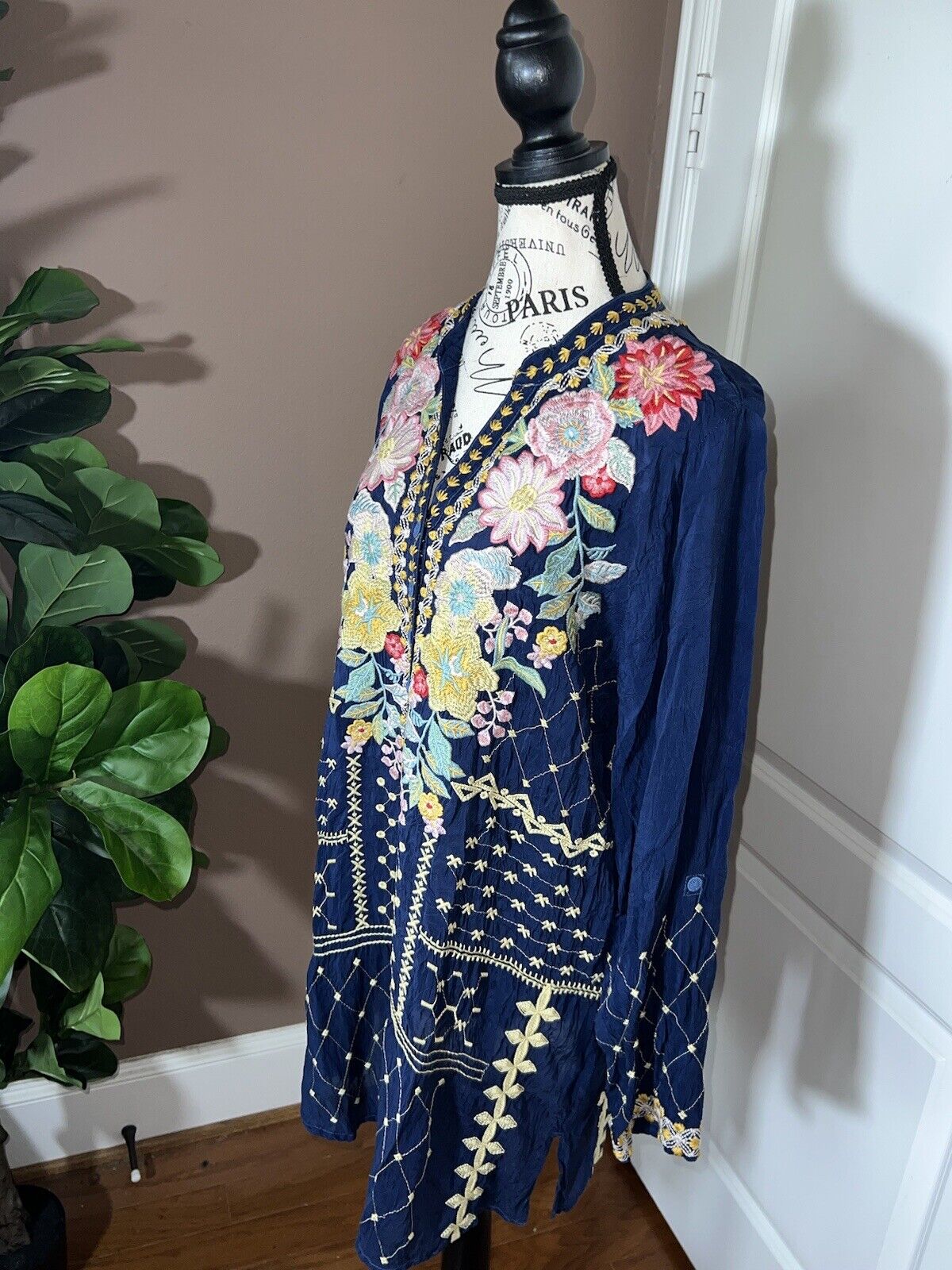 Johnny Was Silky Floral Heavily Embroidered Tunic Top Mini Dress L  Kimono