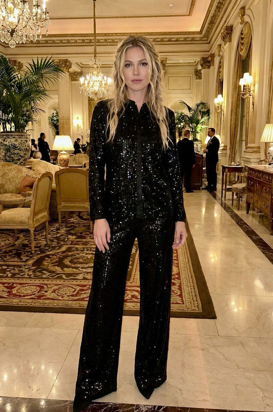 Johnny Was 2pc Set L Black Sequin Button Up Top & Pants Dressy Party Johnny Was