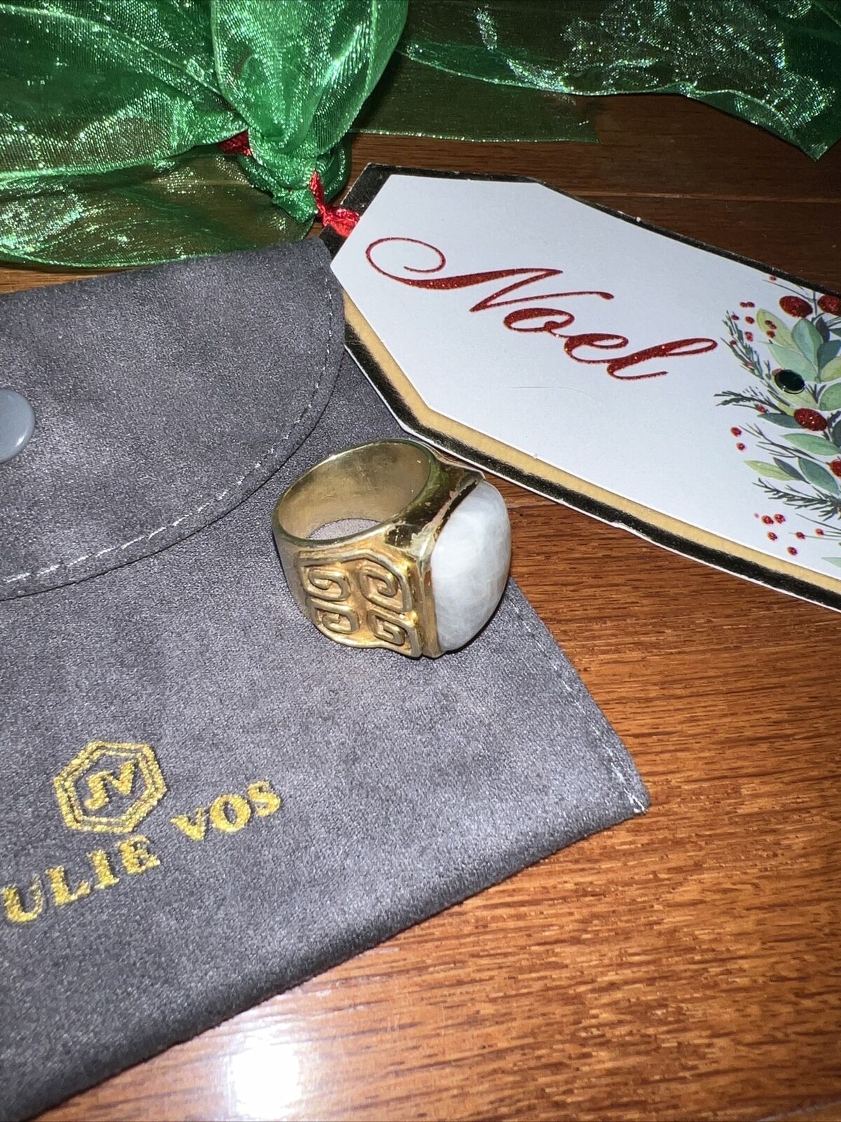 Julie Vos Greek Key Moonstone 24k Gold Plate Ring Sz 7