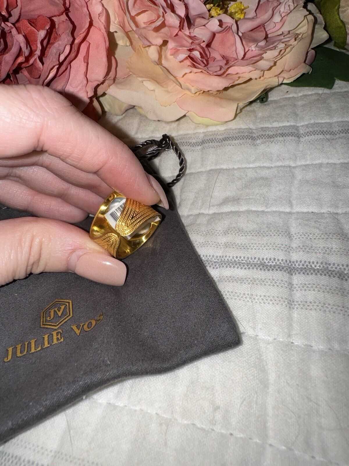 Julie Vos Ring Iridescent Soft Blue & 24k Gold Plate Sz 9 ADJUSTABLE