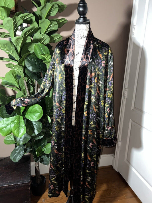 Johnny Was Velvet & Silk Long Kimono Duster L Large Butterflies & Leopard