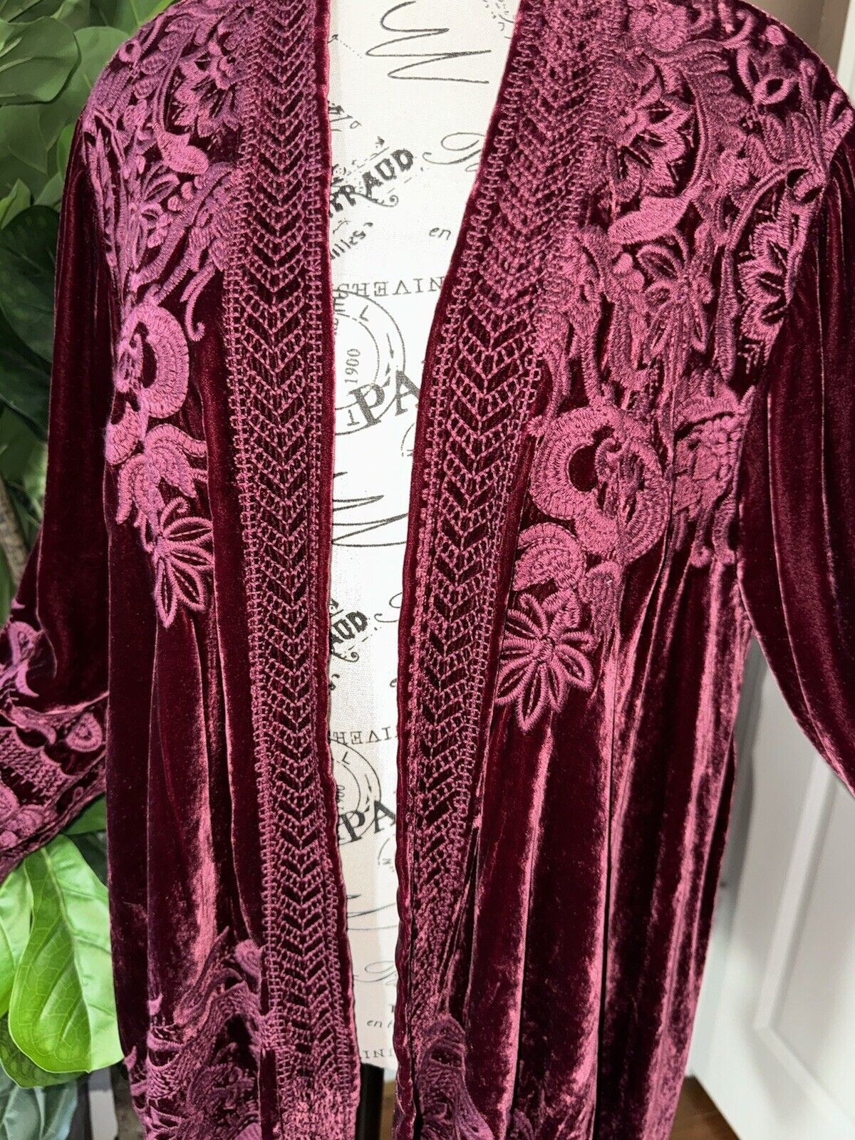 Johnny Was Burgandy Wine Velvet & Embroidered Top Kimono Wrap XL 1X 1XL