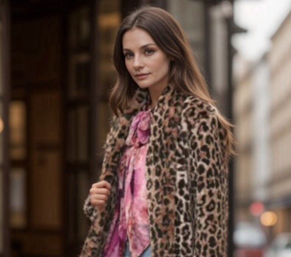 Johnny Was 3X 3XL Faux Fur & Silk Coat Leopard Print Long Length Jacket Wrap