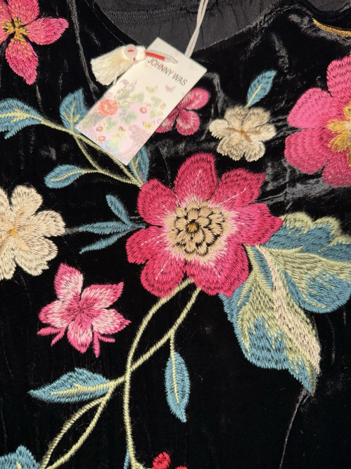 Johnny Was XL Black Velvet Shift Mini Dress Floral Tunic Kimono Sleeves BOHO Johnny Was