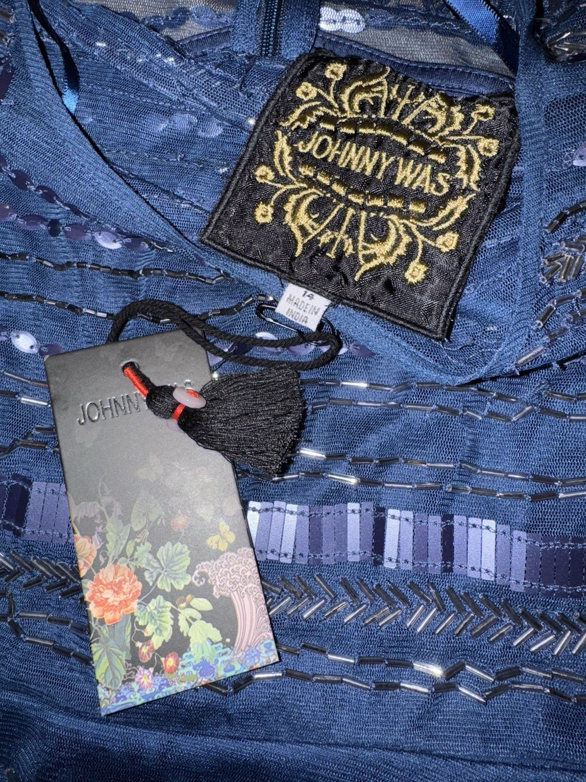 Johnny Was Sz 14 Blue Beaded Mesh Cocktail Party Dress $625 Retail Blk Label Johnny Was