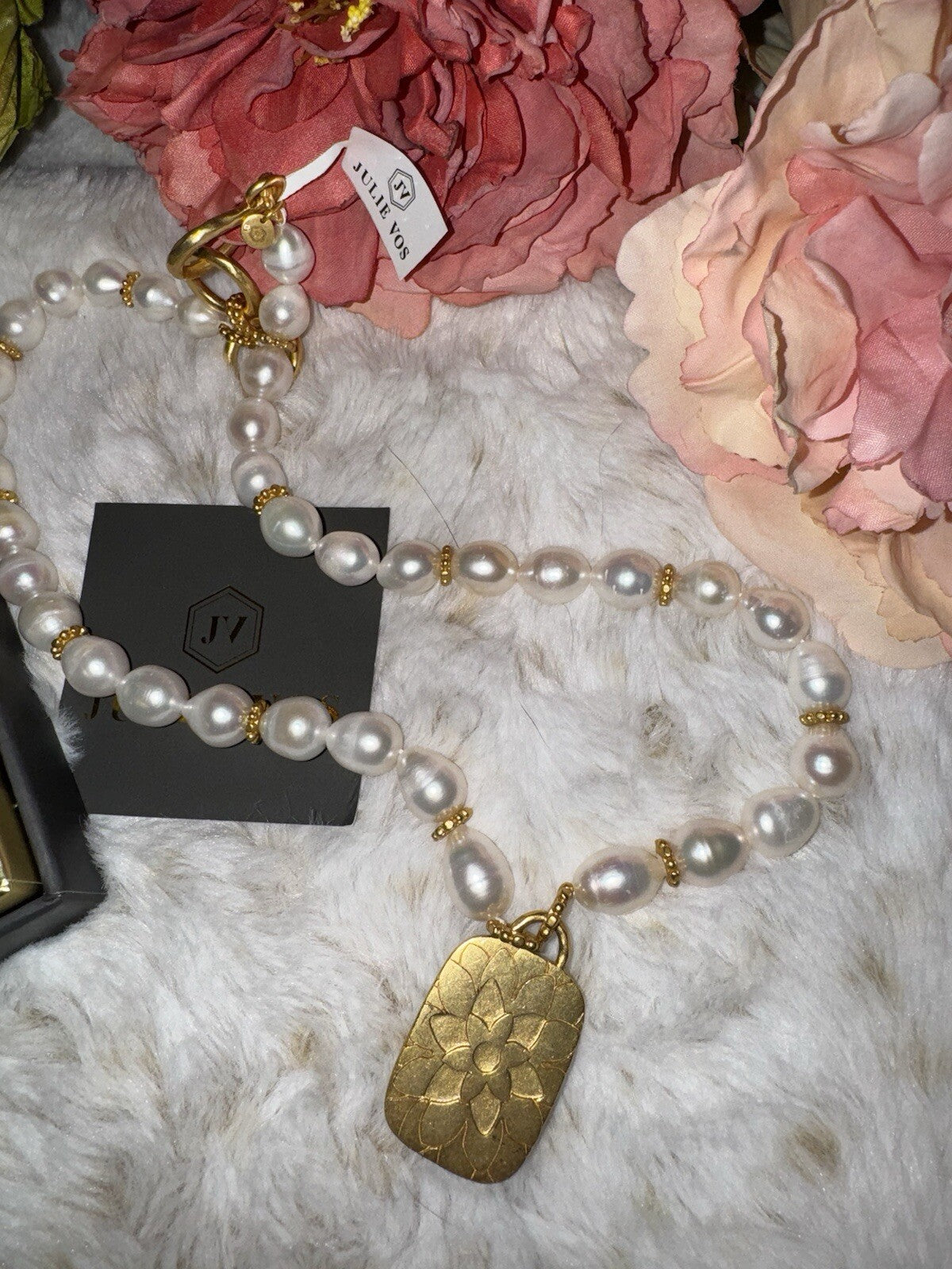 Julie Vos Freshwater Pearl & Clear Statement Necklace 24k Gold Plated Julie Vos