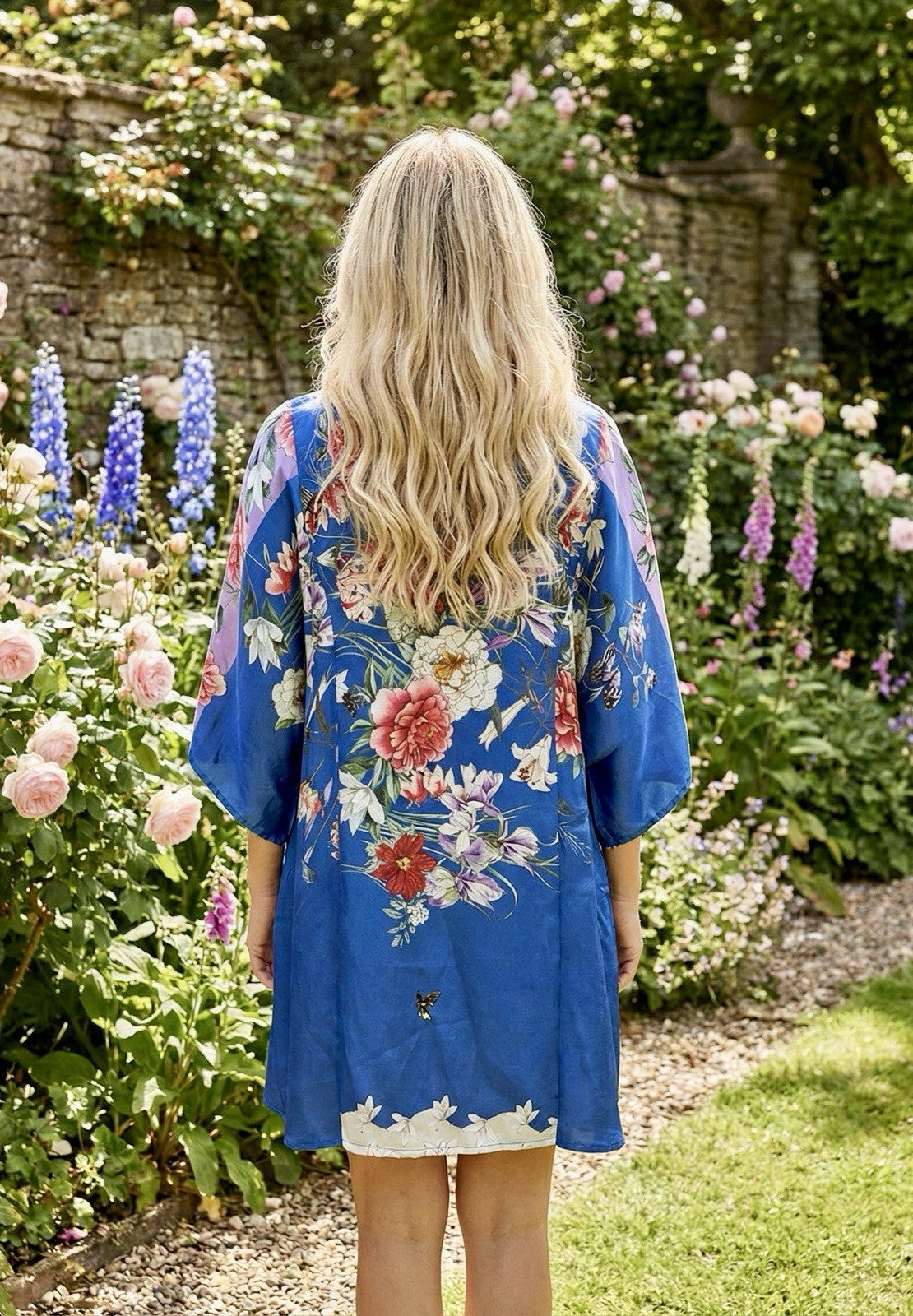 Johnny Was 100% Silk L Blue Tunic Top Cool Lightweight BOHO Flowers Butterflies Johnny Was