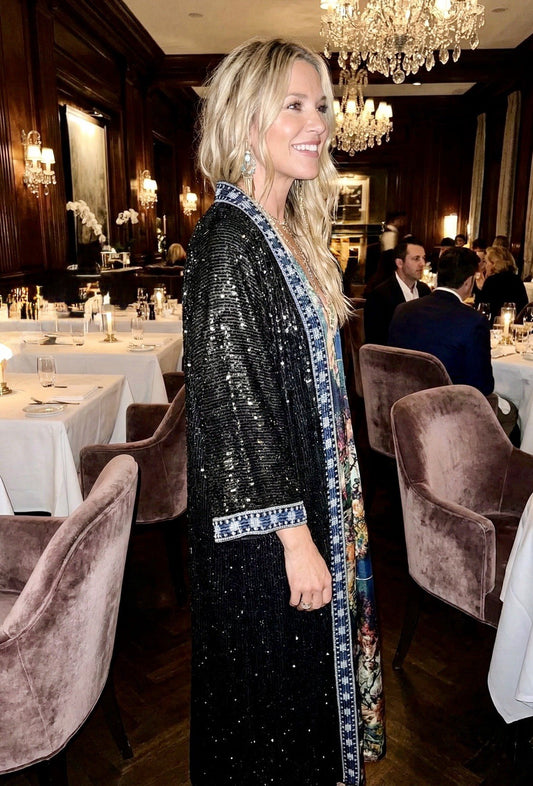 Johnny Was Sz L Black 100% Silk & Sequins KIMONO Long Duster Coat REVERSIBLE Johnny Was