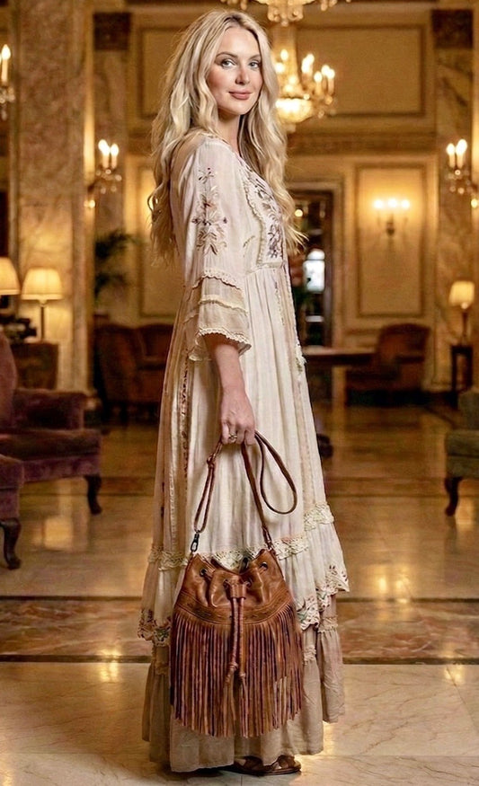 Johnny Was Brown Leather & Fringe Bucket Bag Purse Hobo Shoulder Tote Johnny Was