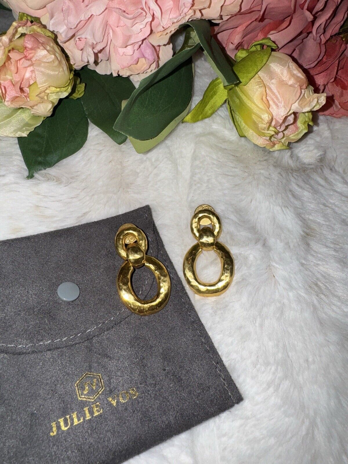 RETIRED Julie Vos 24k Gold Plated Hoop Door Knocker Stud Earrings  Stunning