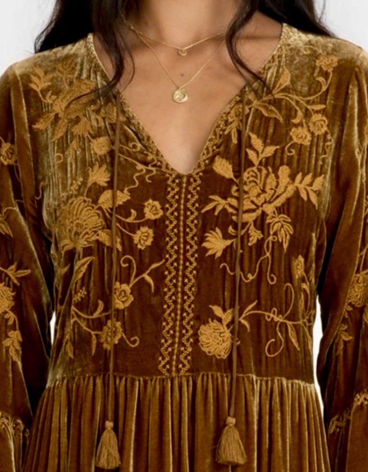 JOHNNY WAS L Large Golden Brown Velvet Midi Dress Tiered Embroidered Maxi Johnny Was