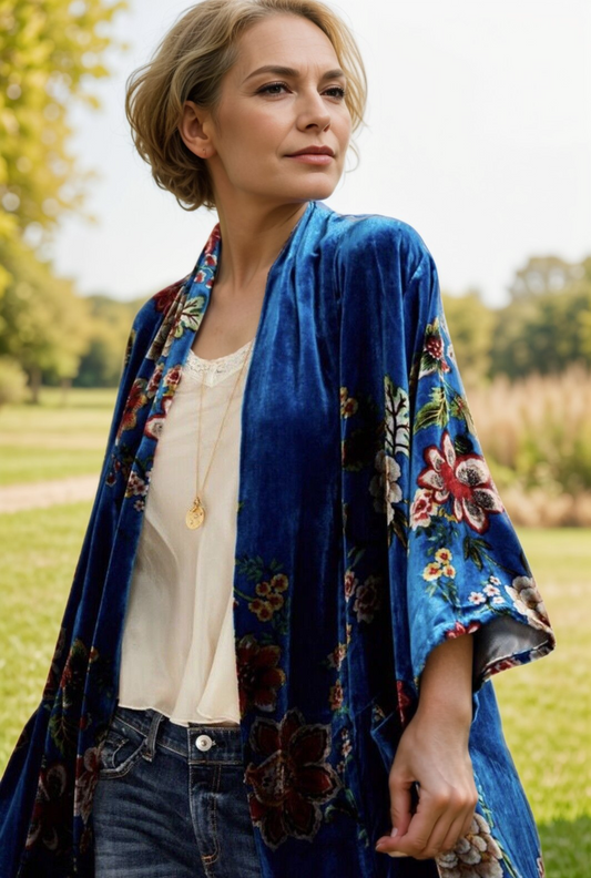 Johnny Was XL Blue Floral Velvet Kimono Wrap Jacket Duster Gorgeous Colors