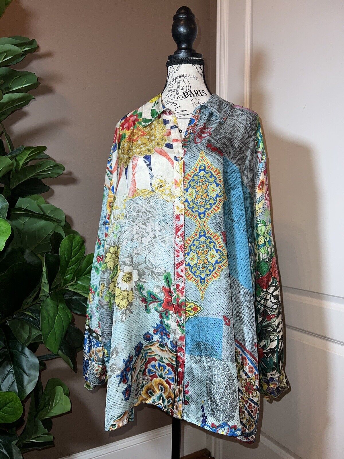 Johnny Was 100% Silk Long Sleeve Tunic Top Button Up Blouse Kimono Sz 1X 1XL XL