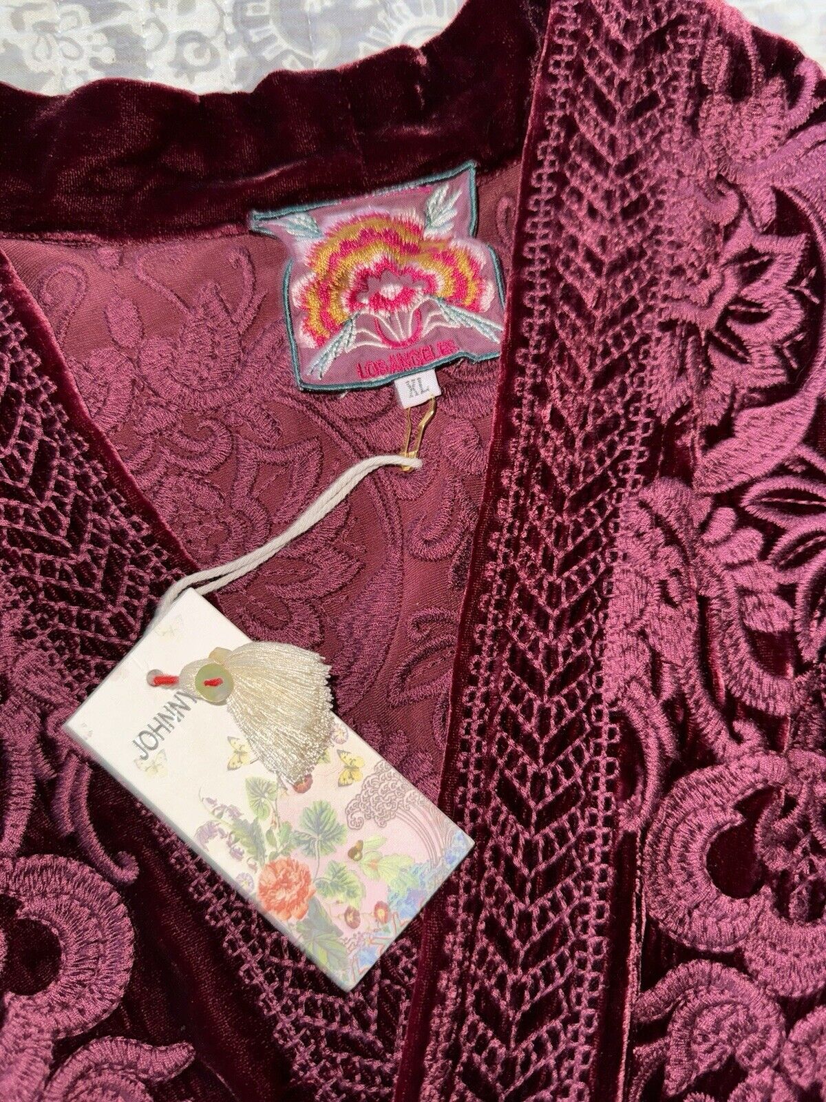 Johnny Was Burgandy Wine Velvet & Embroidered Top Kimono Wrap XL 1X 1XL