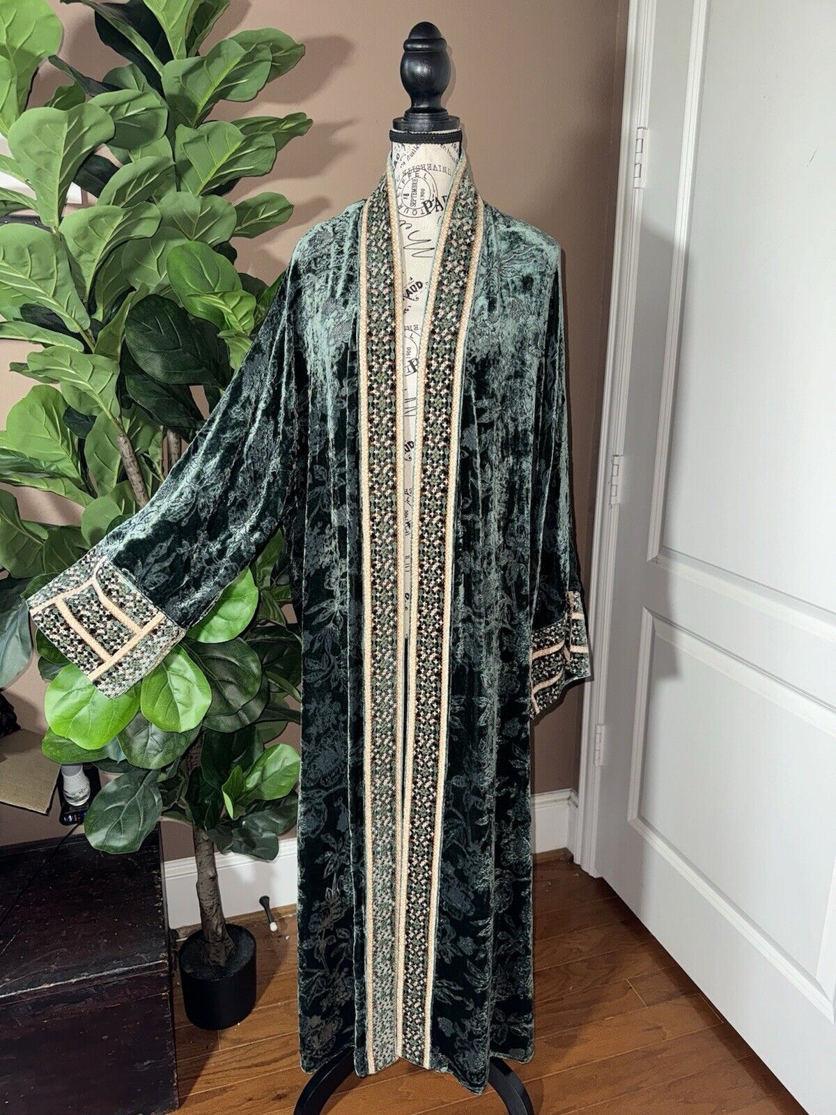 Johnny Was Large Burnout Velvet Long Kimono Duster Wrap Coat Embroidered