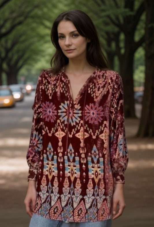 Johnny Was Brick Red Geometric Burnout Velvet Tunic Top L Large Peasant Johnny Was