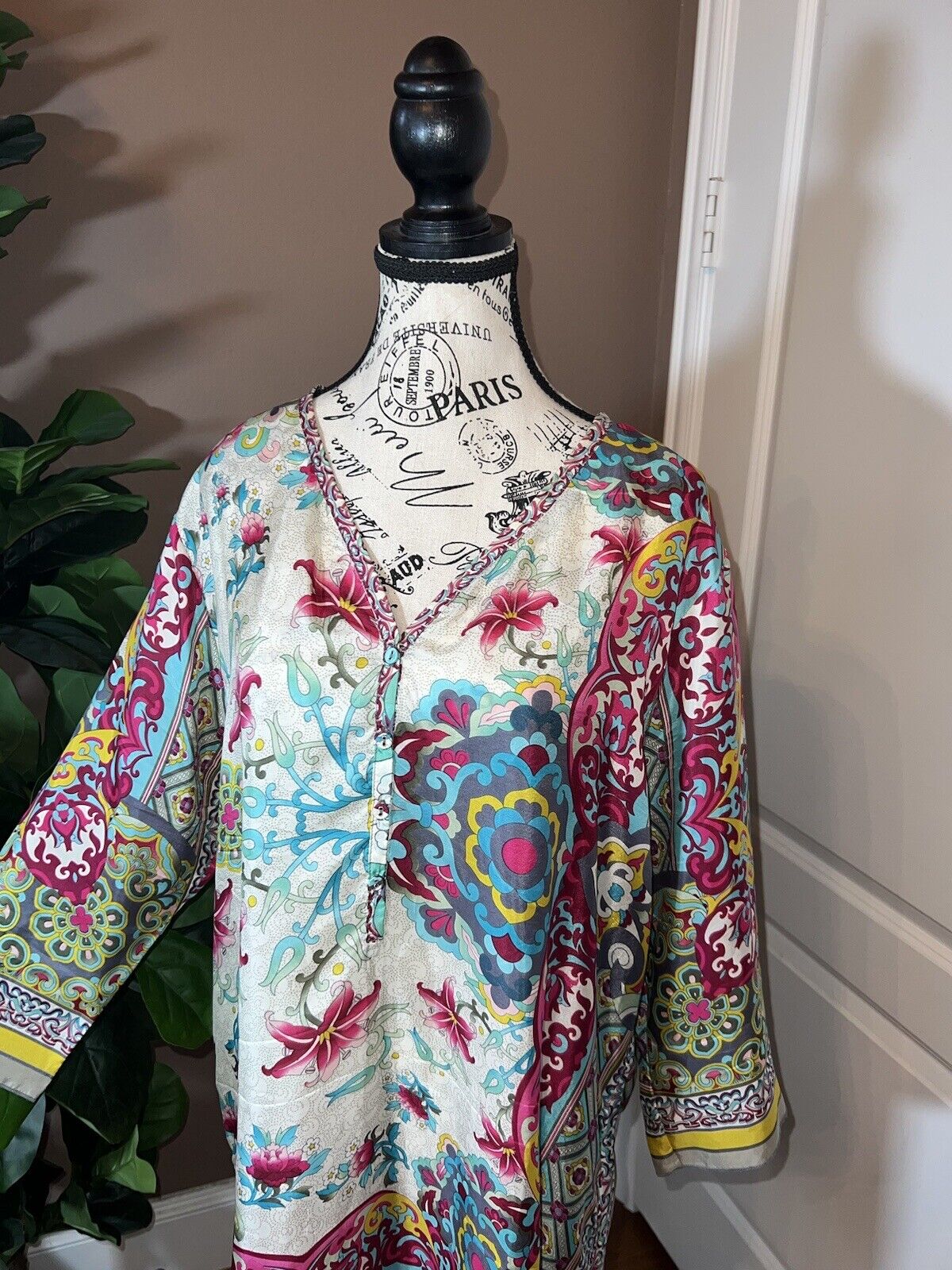 Johnny Was 100% Silk Tunic Top Blouse Half Button  Shirt XL 1X Floral