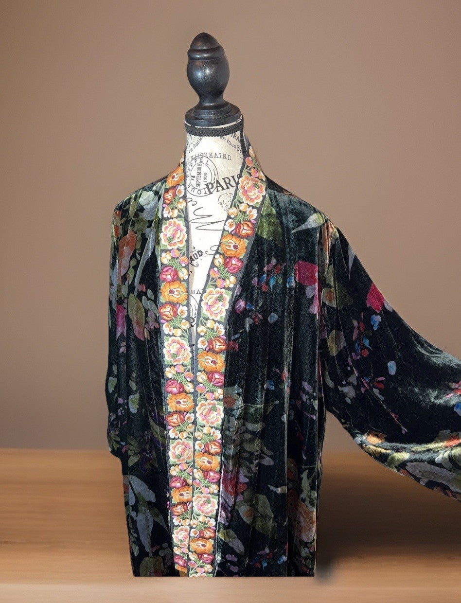 Johnny Was 1X Velvet & Silk Kimono Wrap REVERSIBLE Jewel Tones Floral Jacket Johnny Was