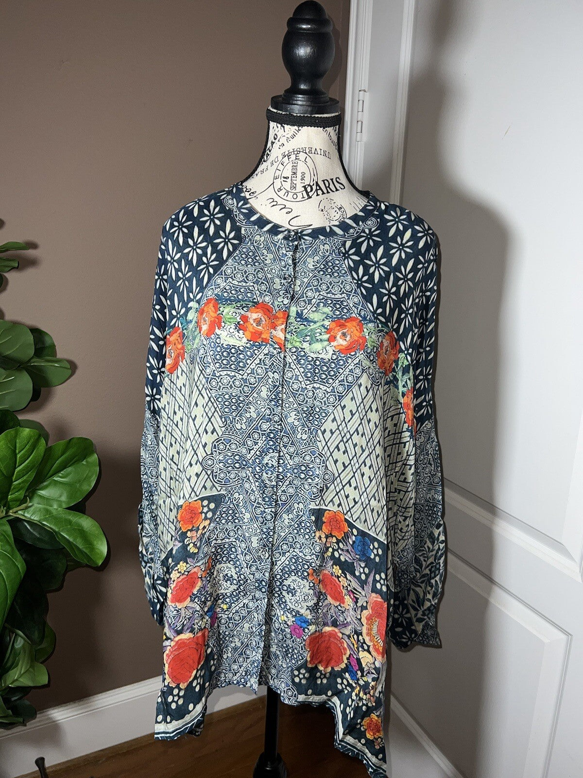 Johnny Was XXL Silky Top Long Sleeve Blouse Button Up Lightweight Floral Tunic Johnny Was