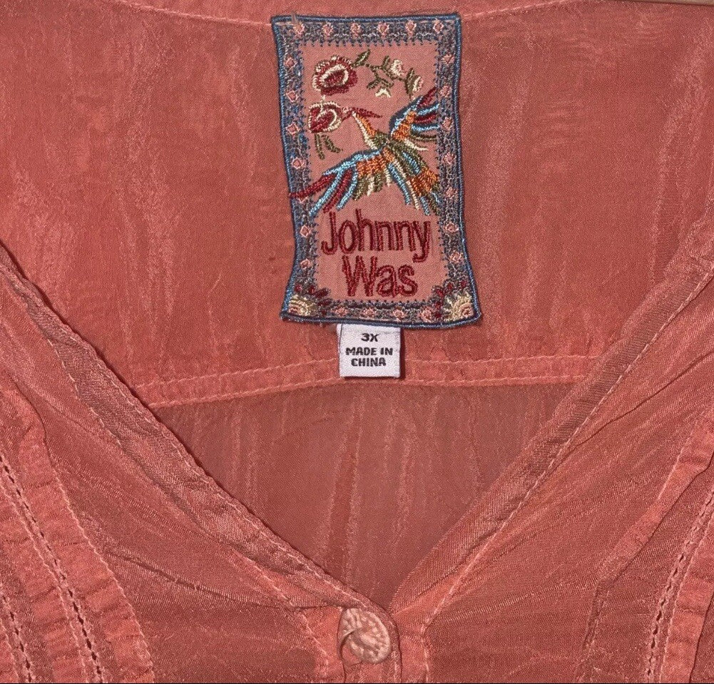 Johnny Was 3X Plus Peasant Blouse Tangerine Pintuck Pleat Tunic Top Cool Shirt Johnny Was