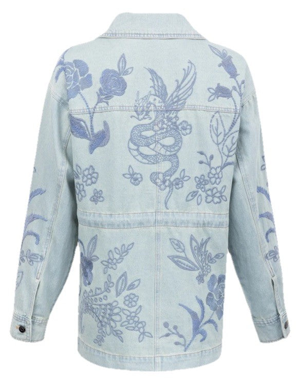 Johnny Was XL Denim Jacket Shacket Coat Embroidered Blue Light Wash Johnny Was