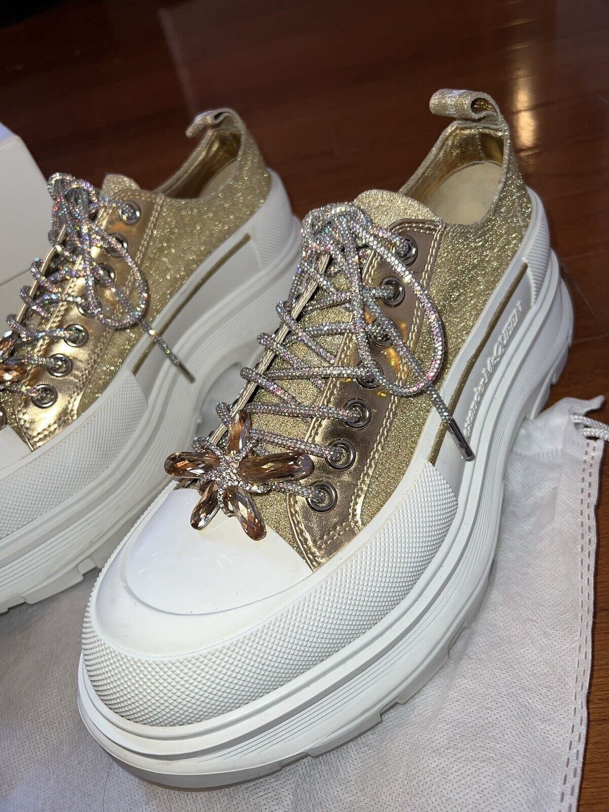 Alexander McQueen Tread Slick Gold Glitter Sneakers Retail $1180 Sz 42 US 10