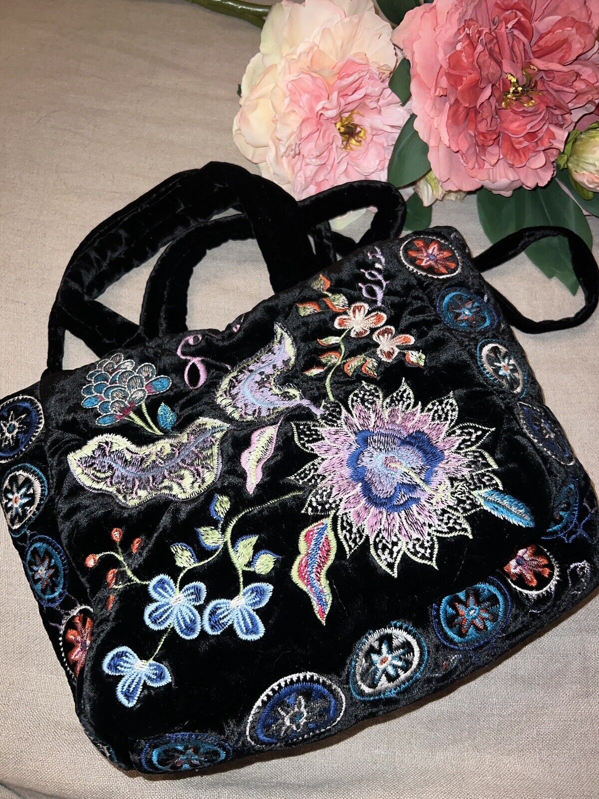 Johnny Was Velvet Embroidered Hobo Bag Tote Purse Crossbody Flower Black